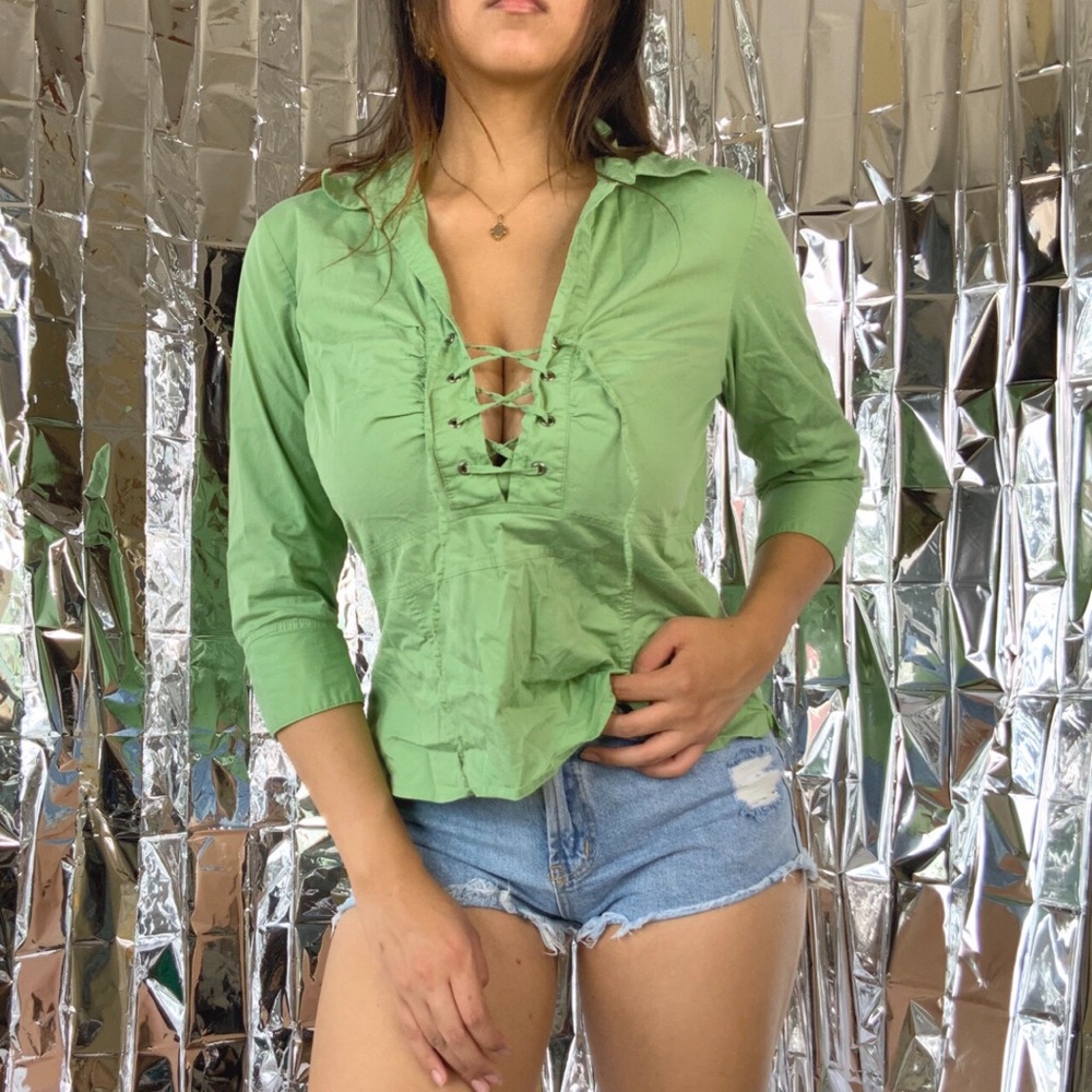 Lace up peasant green pirate top blouse